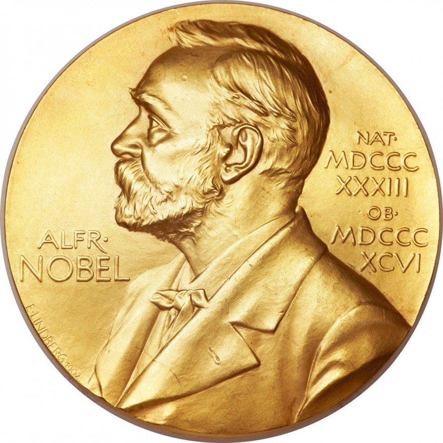 Alfred Nobel avbildad på ett mynt.