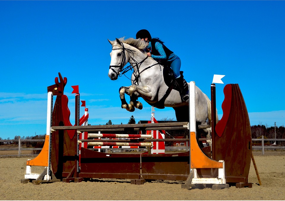 En ryttare på sin häst hoppar över ett högt hinder.