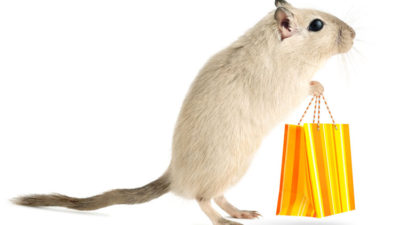 En vit mus som håller en shoppingpåse.