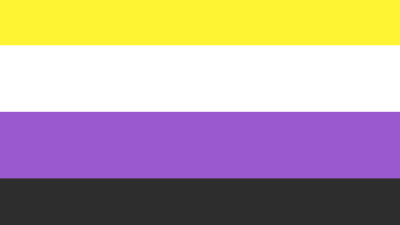 En flagga med fyra liggande ränder: svart, lila, vit och gul.