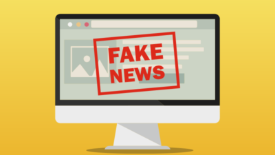 Illustration av en datorskärm. På skärmen syns texten "Fake News" med röda bokstäver.