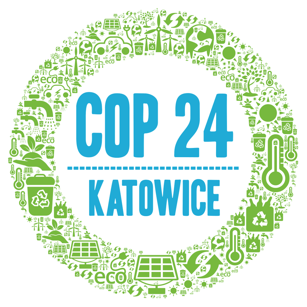 En ritad bild. I mitten står det "cop 24 Katowice" med stora bokstäver. Runtom är det en cirkel som består av många små symboler, till exempel en termometer, blad och pilar.