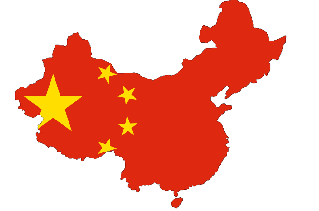 Landet Kina på en karta med Kinas flagga