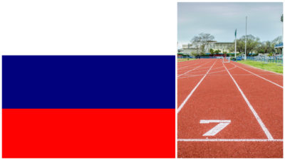 Rysslands flagga och en springbana.