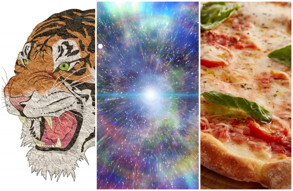 Collage på en tiger, en pizza och universum