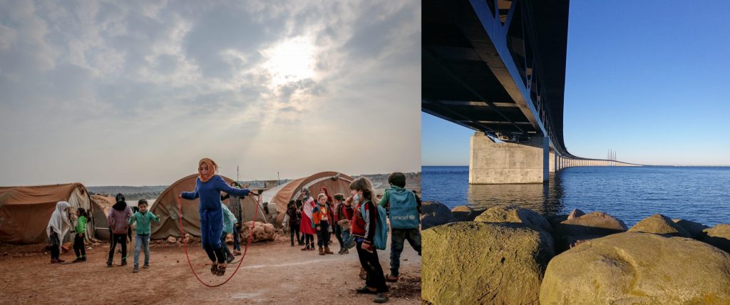 Kollage på ett flyktingläger och Öresundsbron