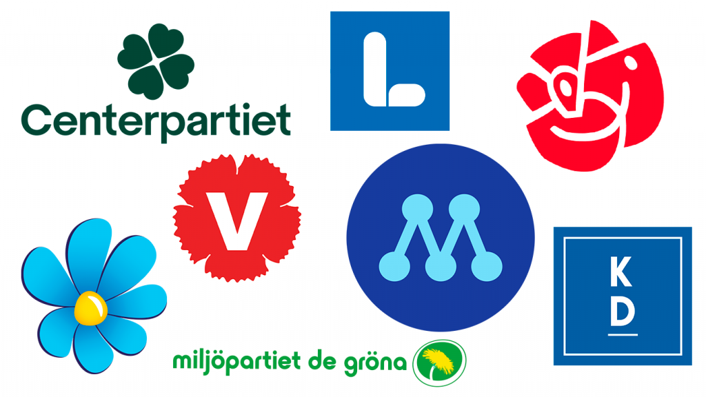 Bild med alla de åtta riksdagspartiernas loggor.