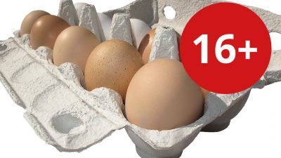 Ägg med en markering där det står "16+"